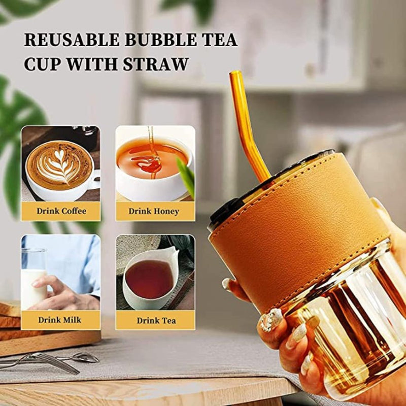 Glass Tumbler with Lid & Glass Straw, Leather Sleeve Coffee Tea Milk Mug - Cupindy