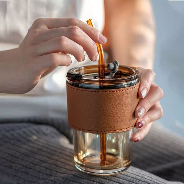 Glass Tumbler with Lid & Glass Straw, Leather Sleeve Coffee Tea Milk Mug - Cupindy