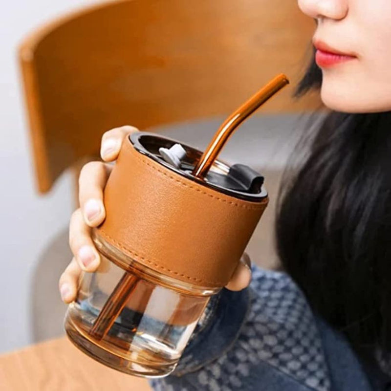 Glass Tumbler with Lid & Glass Straw, Leather Sleeve Coffee Tea Milk Mug - Cupindy
