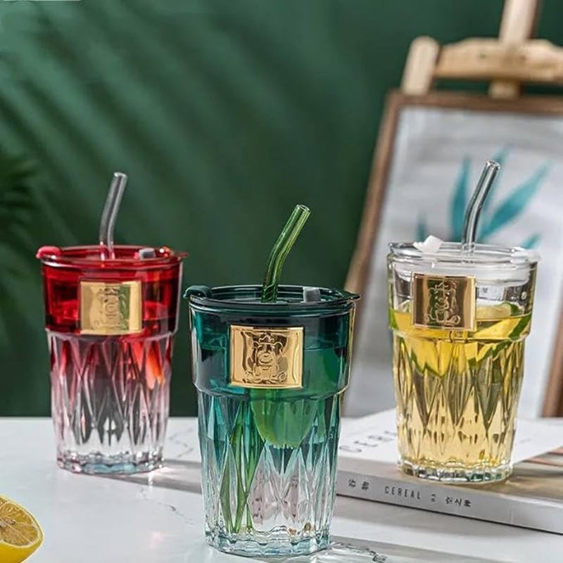 Glass Tumbler with Lid & Glass Straw - Multi Colors - 500 ml - Cupindy