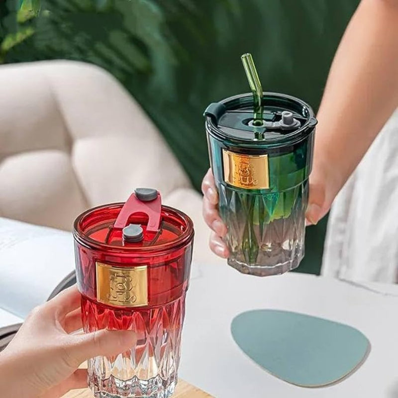 Glass Tumbler with Lid & Glass Straw - Multi Colors - 500 ml - Cupindy