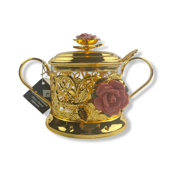 Golden Sugar Bowl With Spoon and Separate Glass, 18x12 cm - Cupindy