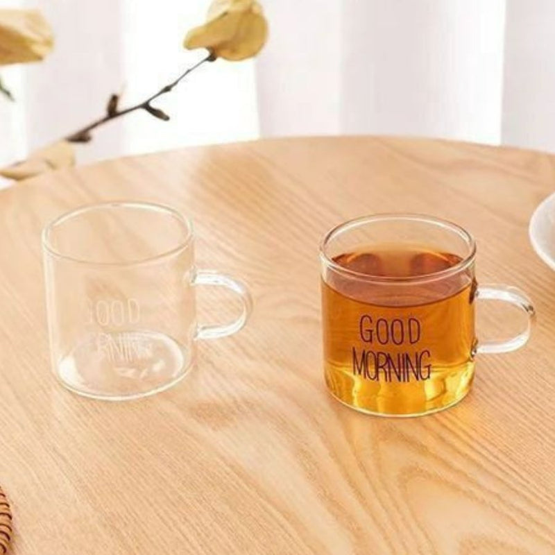 Good Morning Text Glass Coffee Small Mugs, 125 ML - 1 Piece - Cupindy