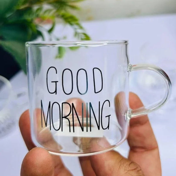 Good Morning Text Glass Coffee Small Mugs, 125 ML - 1 Piece - Cupindy