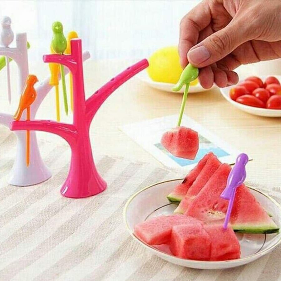 Home Bird Cartoon Fruit Fork, 6 sticks + Holder - Cupindy