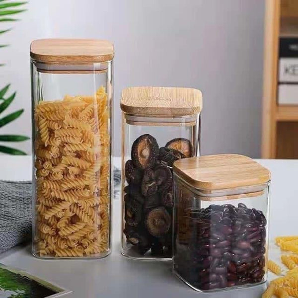 Medium Glass Food Container Storage With Wooden Cover, 1 Piece ( 10 x 6 cm ) - Cupindy