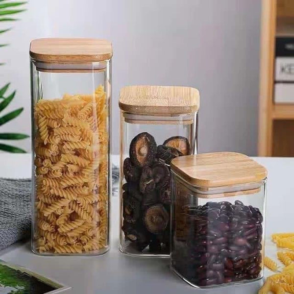 Medium Glass Food Container Storage With Wooden Cover, 1 Piece (15 x 6 cm) - Cupindy