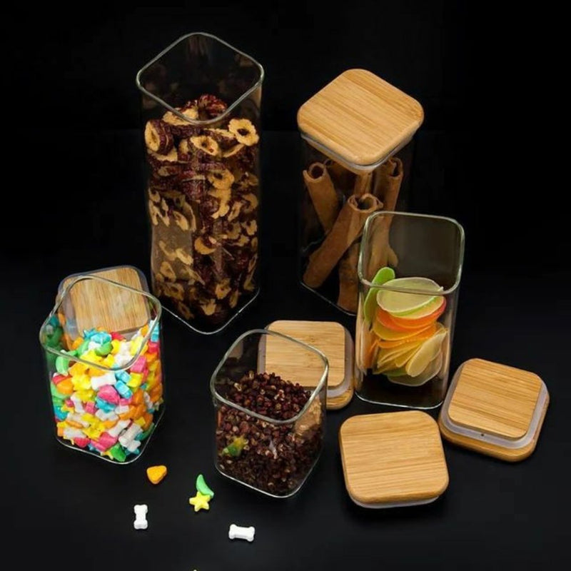 Medium Glass Food Container Storage With Wooden Cover, 1 Piece (15 x 6 cm) - Cupindy