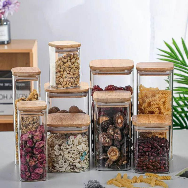 Medium Glass Food Container Storage With Wooden Cover, 1 Piece (15 x 6 cm) - Cupindy