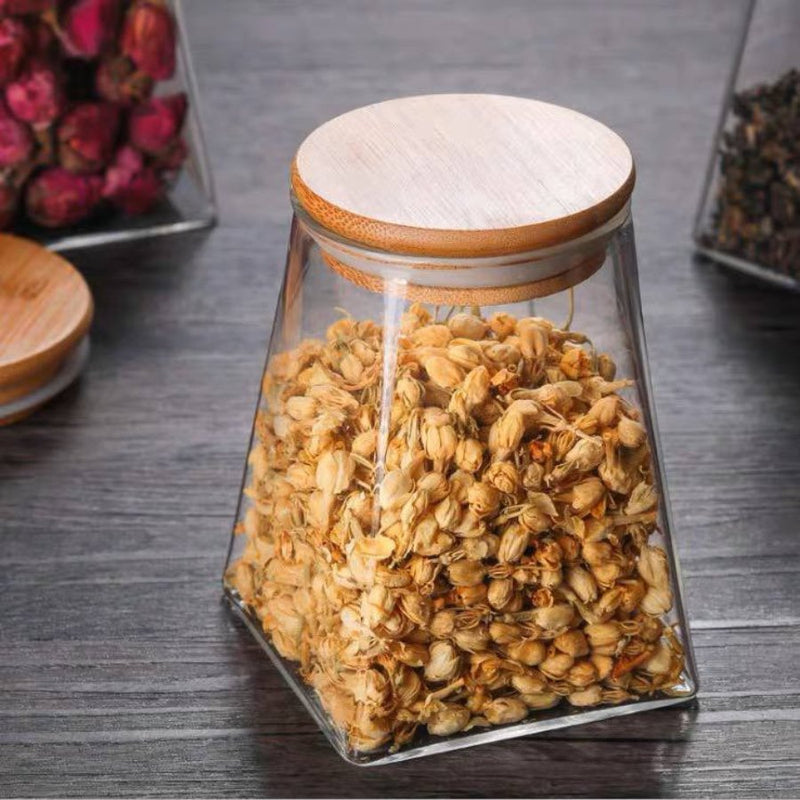 Pyramid Shape Borosilicate Glass Storage Jar canister with Wooden Airtight Lid - 550 ML - Cupindy
