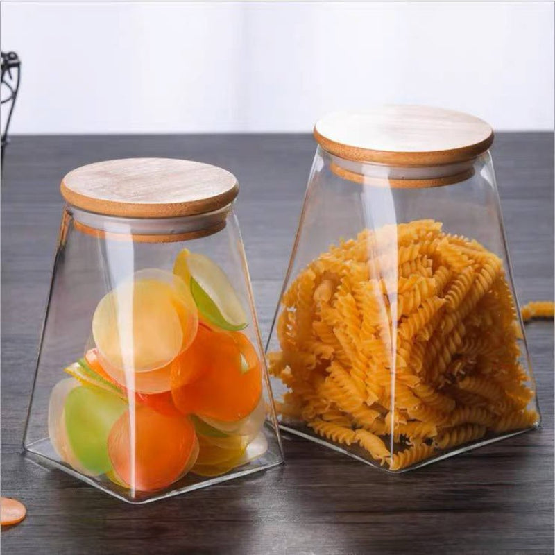Pyramid Shape Borosilicate Glass Storage Jar canister with Wooden Airtight Lid - 550 ML - Cupindy
