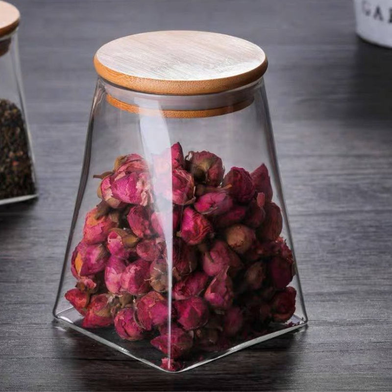Pyramid Shape Borosilicate Glass Storage Jar canister with Wooden Airtight Lid - 550 ML - Cupindy