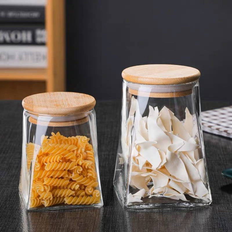 Pyramid Shape Borosilicate Glass Storage Jar canister with Wooden Airtight Lid - 550 ML - Cupindy
