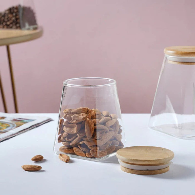Pyramid Shape Borosilicate Glass Storage Jar canister with Wooden Airtight Lid - 550 ML - Cupindy