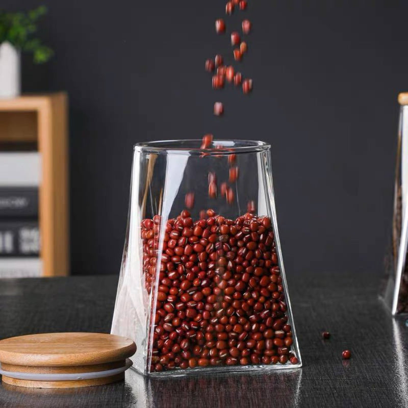 Pyramid Shape Borosilicate Glass Storage Jar canister with Wooden Airtight Lid - 550 ML - Cupindy