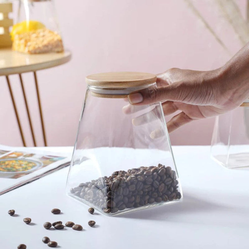 Pyramid Shape Borosilicate Glass Storage Jar canister with Wooden Airtight Lid - 550 ML - Cupindy