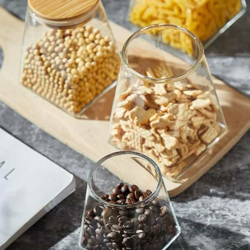 Pyramid Shape Borosilicate Glass Storage Jar canister with Wooden Airtight Lid - 550 ML - Cupindy