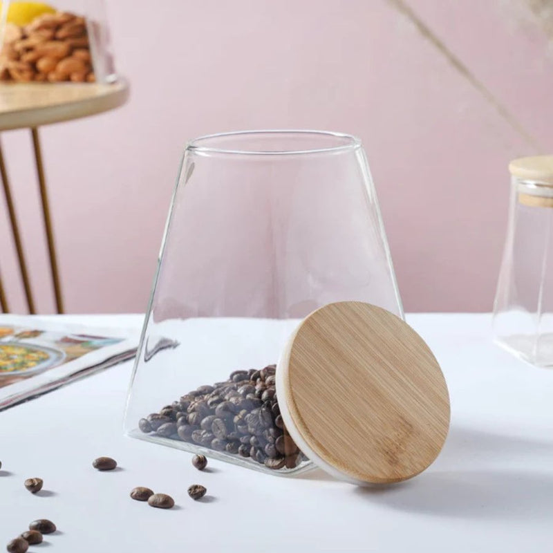 Pyramid Shape Borosilicate Glass Storage Jar canister with Wooden Airtight Lid - 550 ML - Cupindy
