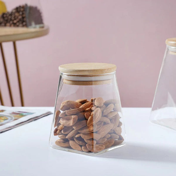 Pyramid Shape Borosilicate Glass Storage Jar canister with Wooden Airtight Lid - 550 ML - Cupindy