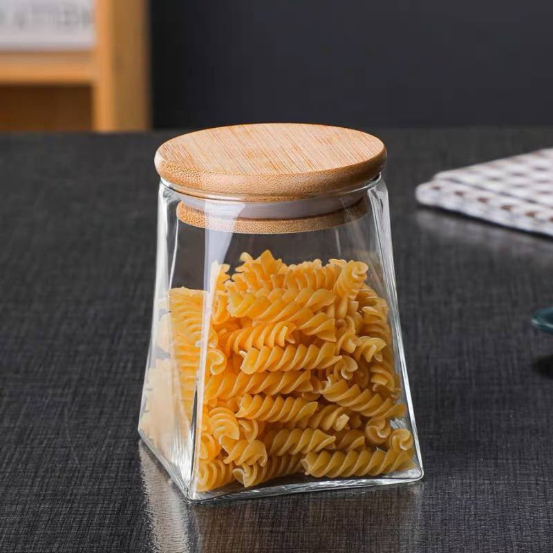Pyramid Shape Borosilicate Glass Storage Jar canister with Wooden Airtight Lid - 550 ML - Cupindy