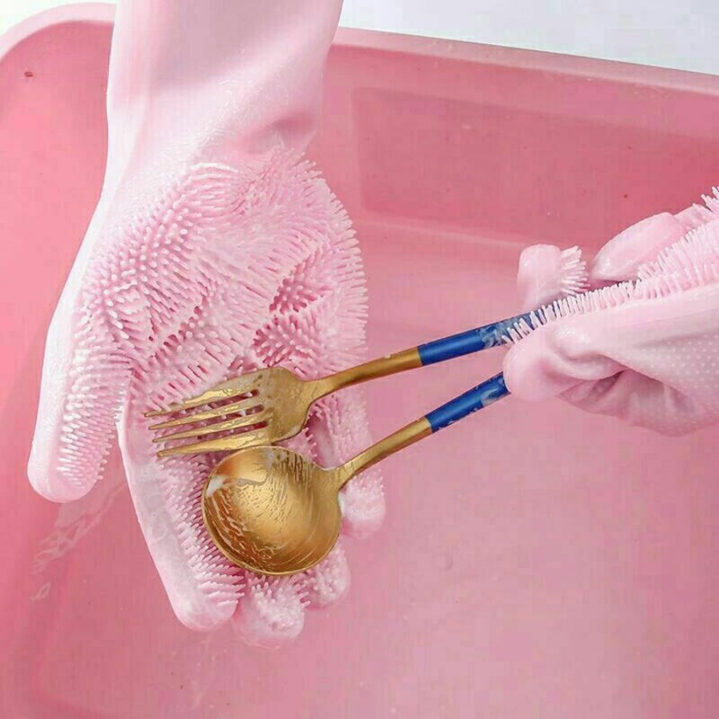 Set of 2 Pieces Heat Resistant Waterproof Silicone Cooking Gloves and Magic Reusable Silicone Dishwashing Gloves - Cupindy