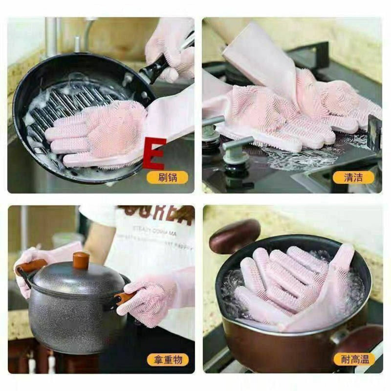 Set of 2 Pieces Heat Resistant Waterproof Silicone Cooking Gloves and Magic Reusable Silicone Dishwashing Gloves - Cupindy