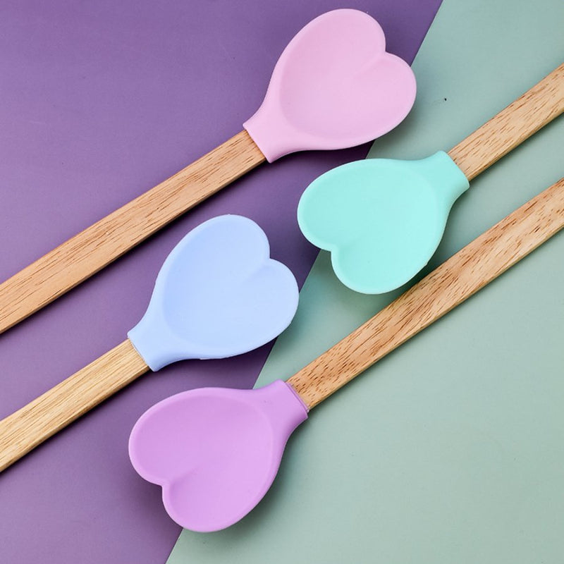 Silicone Spatula With Wooden Handle - Heart Shape - Multi Colors - 1 Piece - Cupindy