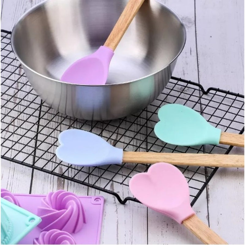 Silicone Spatula With Wooden Handle - Heart Shape - Multi Colors - 1 Piece - Cupindy