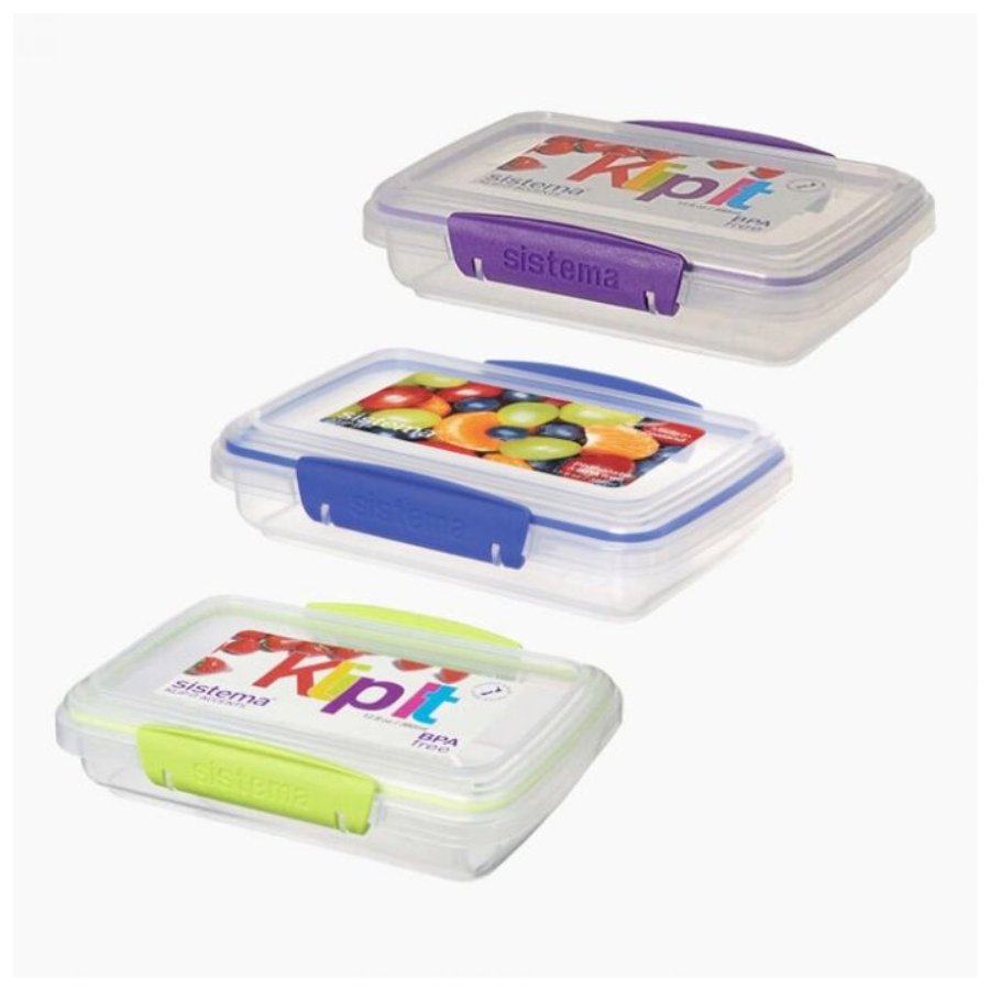 Set of three Sistema Klip It food storage containers in different colors (purple, blue, and green), made of clear BPA-free plastic with colorful locking clips | Cupindy