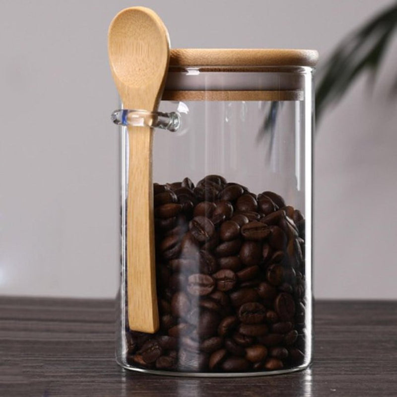 Small Clear Glass Containers for Pantry with Wooden Spoon - 10 x 10 cm - Cupindy