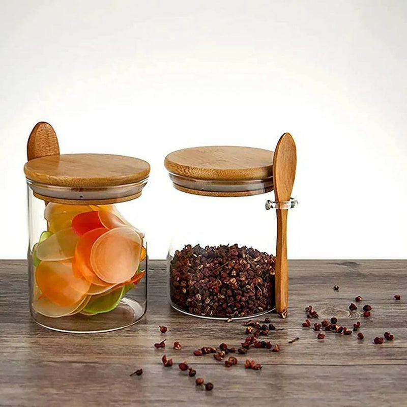 Small Clear Glass Containers for Pantry with Wooden Spoon - 10 x 10 cm - Cupindy