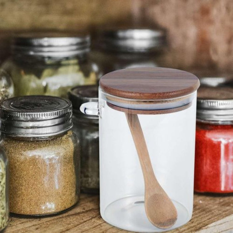 Small Clear Glass Containers for Pantry with Wooden Spoon - 10 x 10 cm - Cupindy