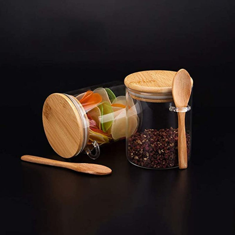 Small Clear Glass Containers for Pantry with Wooden Spoon - 10 x 10 cm - Cupindy