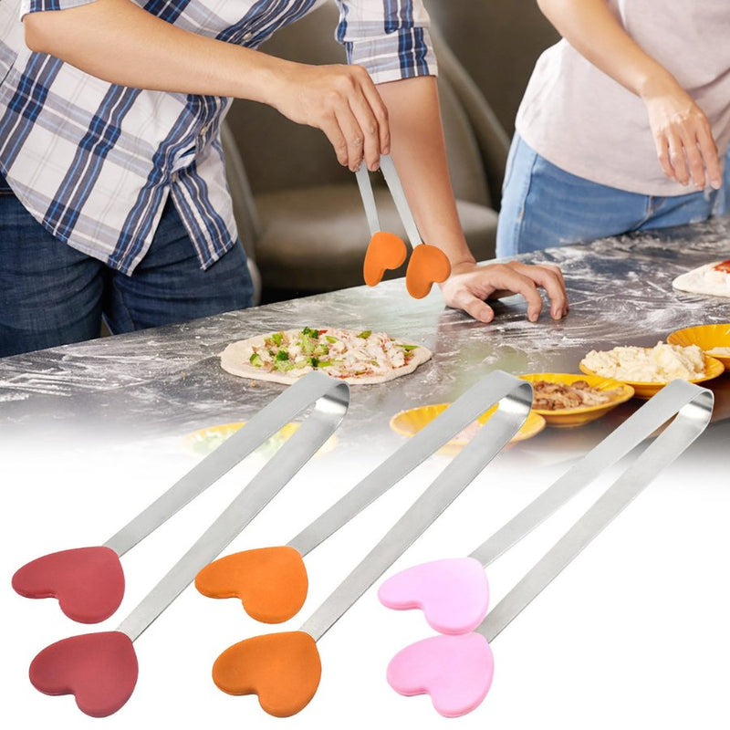 Stainless Steel Handle Silicone Kitchen Tong - Heart Shape - Multi Colors - Cupindy