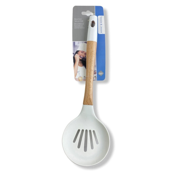 Tessie & Jessie Silicone Kitchen Round Skimmer With Wooden Handle, SK-3244 - Cupindy