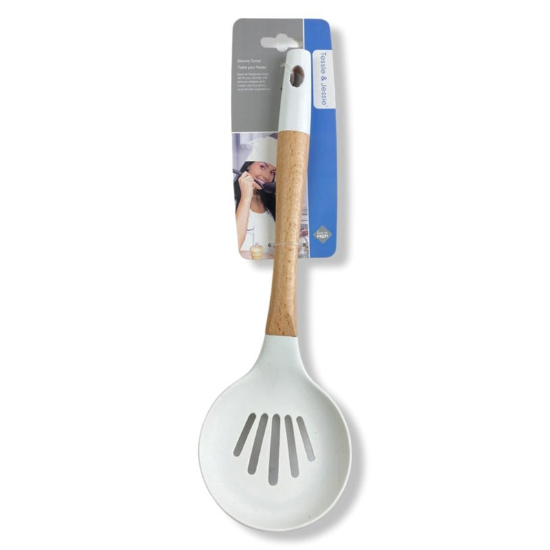 Tessie & Jessie Silicone Kitchen Round Skimmer With Wooden Handle, SK-3244 - Cupindy