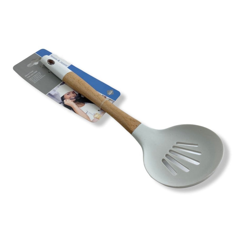 Tessie & Jessie Silicone Kitchen Round Skimmer With Wooden Handle, SK-3244 - Cupindy