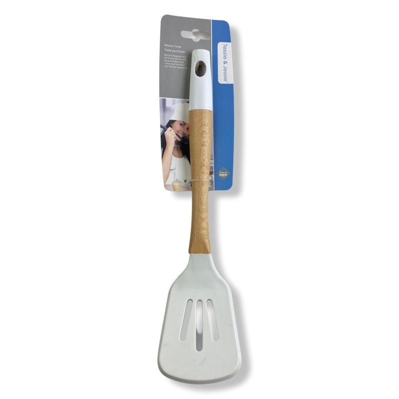 Tessie & Jessie Silicone Serving Skimmer With Wooden Handle, SK-3241 - Cupindy